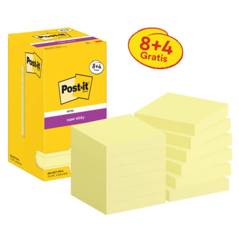 Value pack 8+4 Post-it®Canary Super Sticky 654 giallo - 76x76 mm - 654-SSCY-P8+4